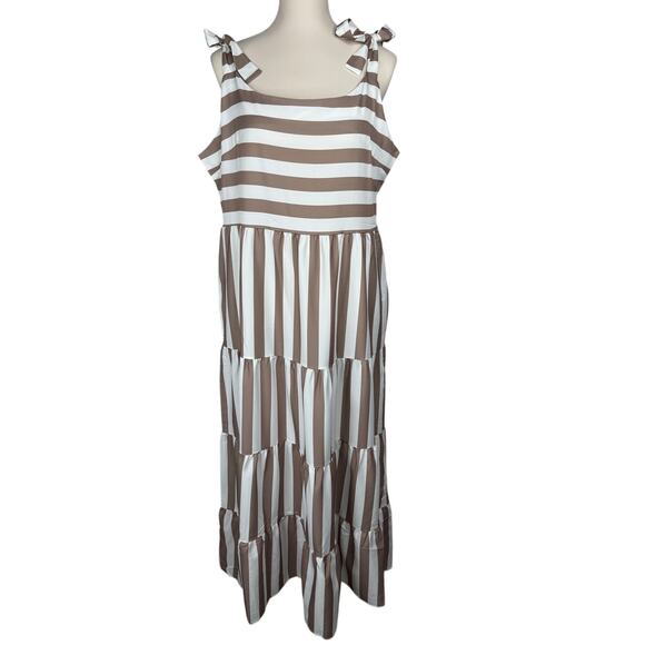 Brown White Striped Maxi Dress XL Tie Shoulder Tiered Summer Sundress - Picture 3 of 10